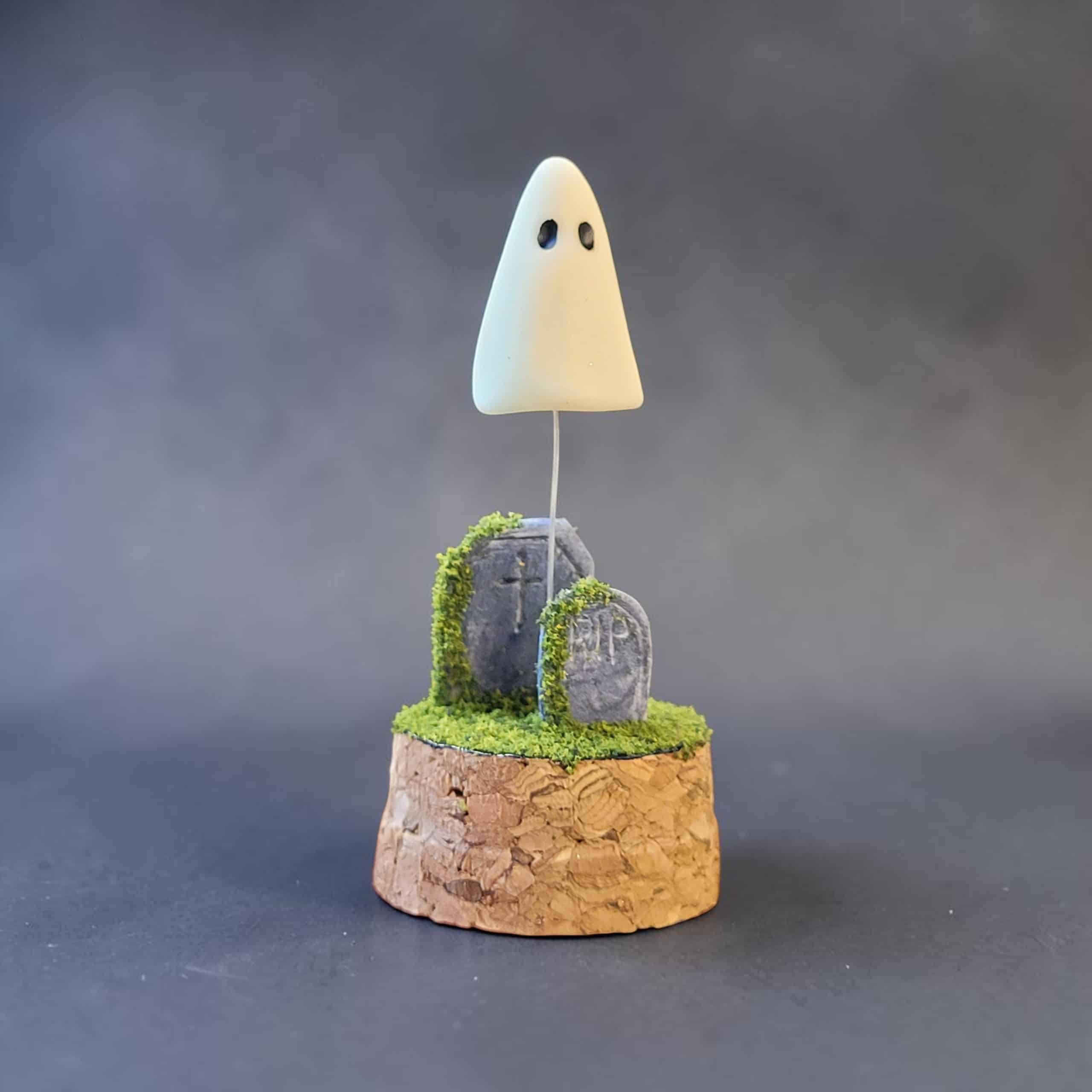 Glow in the dark tiny ghost in graveyard cloche diorama - Image 3