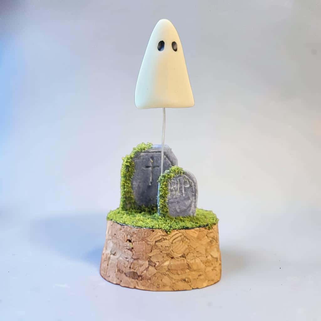 Glow in the dark tiny ghost in graveyard cloche diorama - Image 5