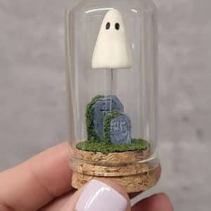 Glow in the dark tiny ghost in graveyard cloche diorama