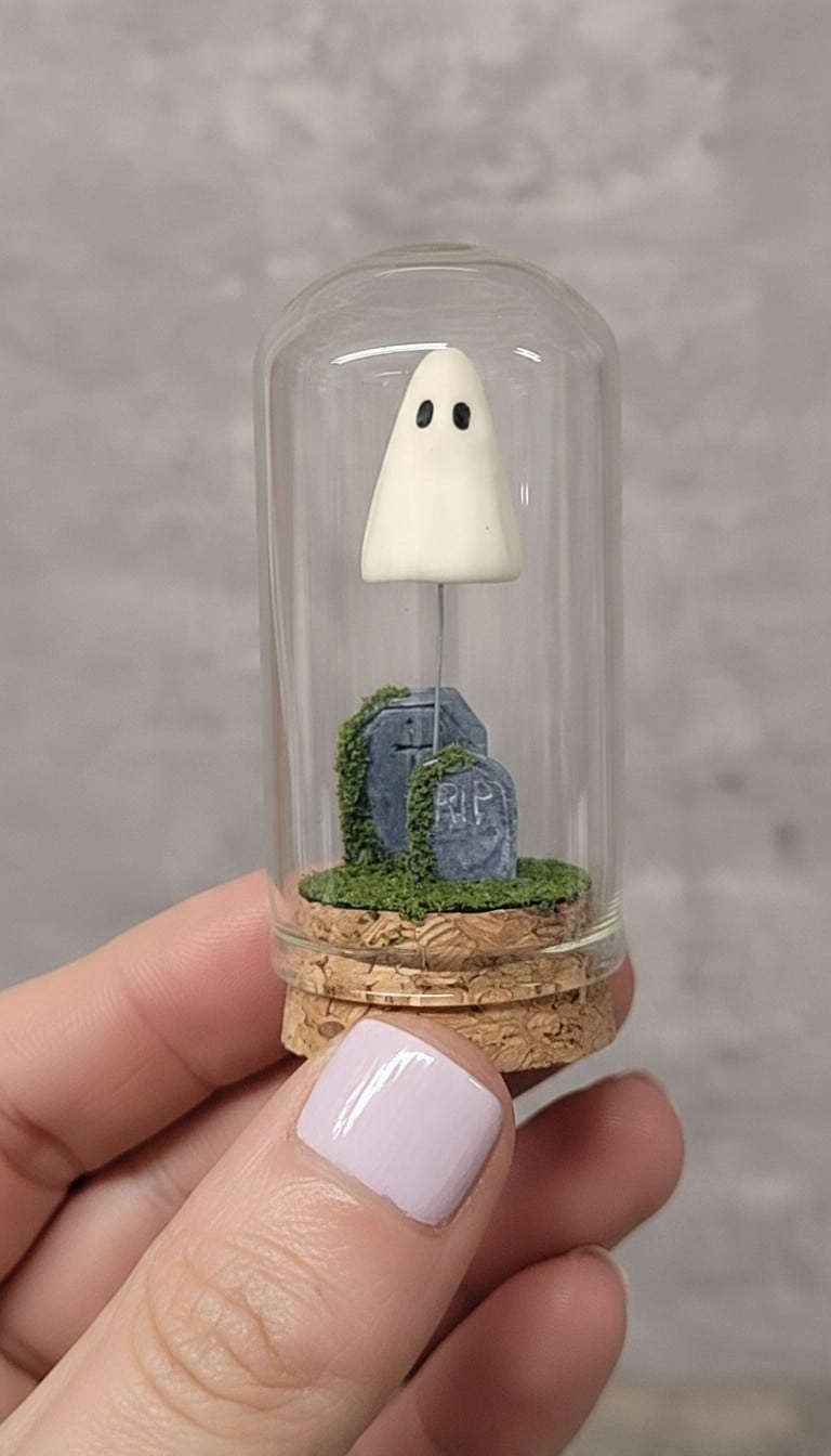 Glow in the dark tiny ghost in graveyard cloche diorama